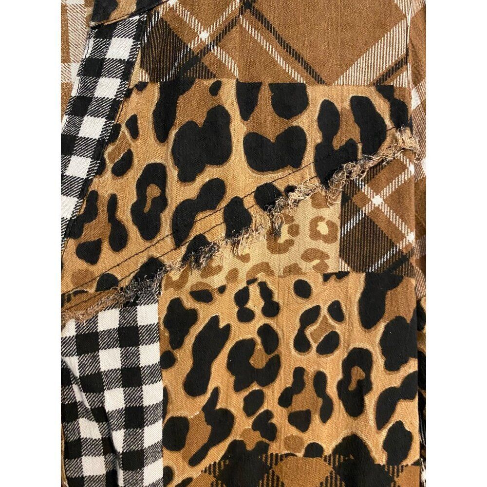 Cato Women’s M Tunic Dress Patchwork Plaid & Leopard Print Frayed Hem Boho Artsy - Picture 14 of 14